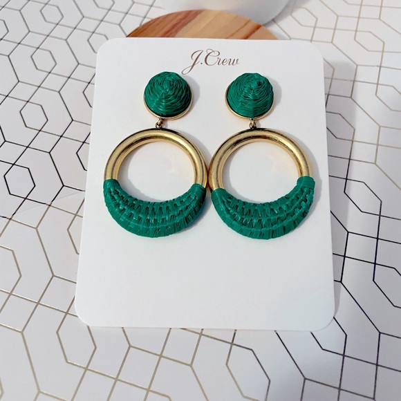 JCREW Faux- Raffia Wrapped Hoop Earrings NWT Summer Green - Picture 5 of 8